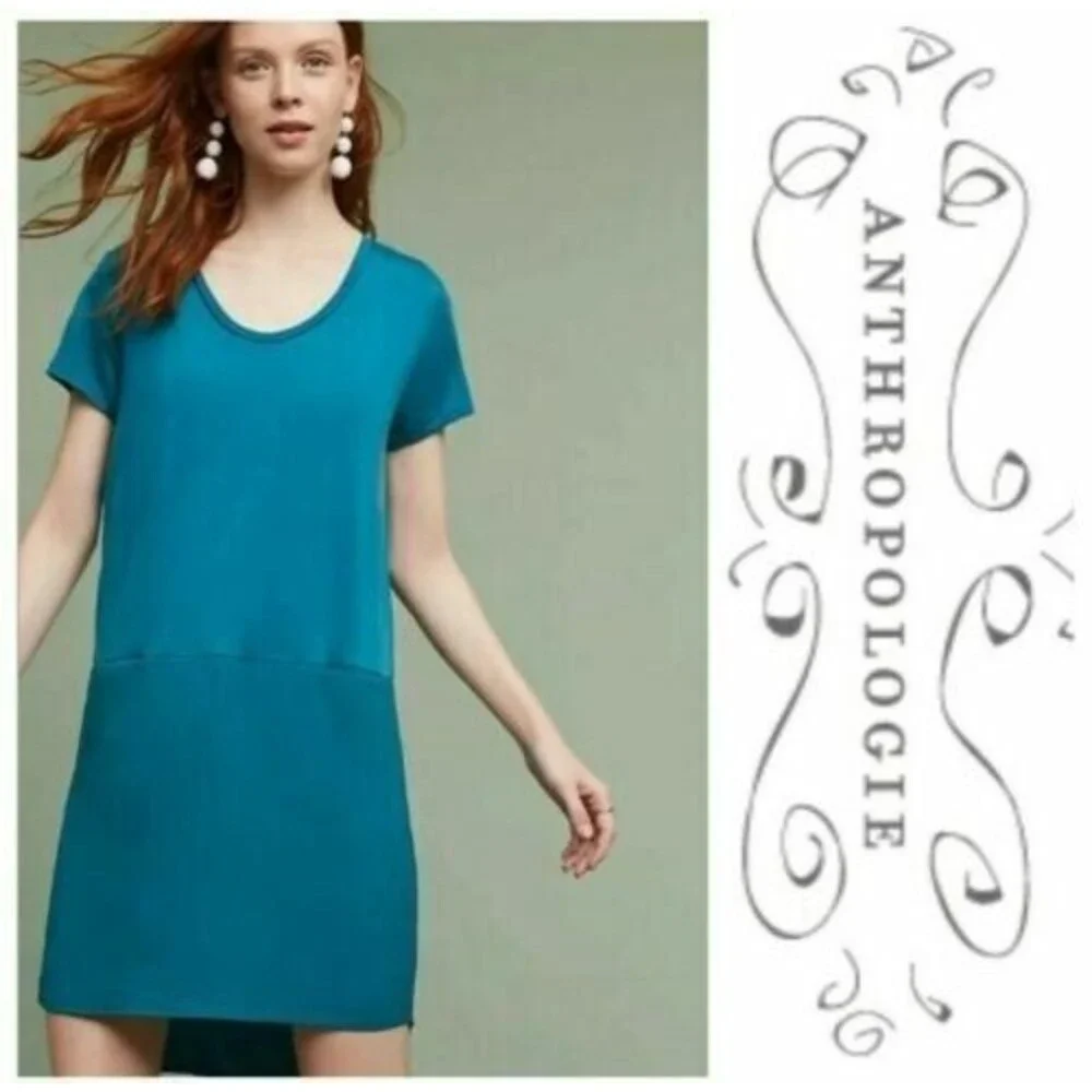 Anthropologie Dolan Left Coast Shift Dress Cupro Poly Knit Green Teal Sz 14 - Picture 1 of 5